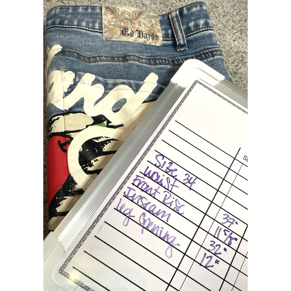 Ed Hardy Painted Jeans Sz 34 Graffiti Retro Y2K Flare Leg Tattoo Art Streetwear - Picture 10 of 13